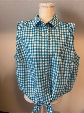 Lauren Ralph Lauren Teal and White Gingham Tie-Front Button-Down